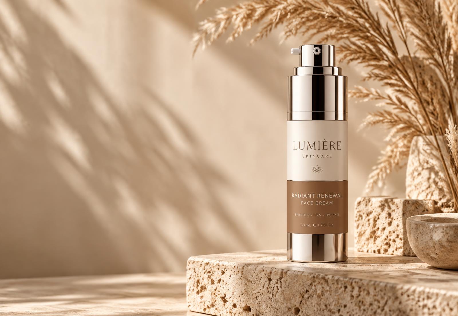 Frasco de crema facial Siembra Vida sobre un pedestal de piedra